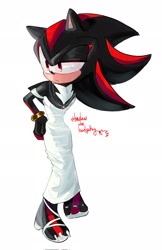 Size: 1326x2048 | Tagged: safe, artist:tamjeong_sonic, shadow the hedgehog, 2024, alternate outfit, character name, claws, clothes, crossdressing, dress, femboy, gloves off, looking offscreen, necklace, sandals, solo, standing