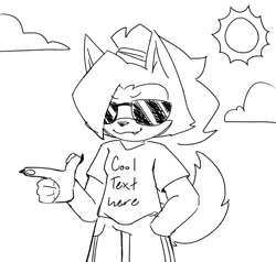 Size: 2000x1904 | Tagged: safe, artist:callme_atlas_, whisper the wolf, :3, alternate outfit, claws, clothes, clouds, hand in pocket, line art, one fang, pants, pawpads, pointing, shirt, simple background, smile, solo, sun, sunglasses, white background, words on a shirt