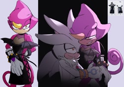 Size: 1200x845 | Tagged: suggestive, artist:sonslivshad, espio the chameleon, silver the hedgehog, 2024, duo, femboy, gay, holding them, lingerie, reference inset, shipping, silvio, smile
