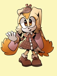 Size: 1200x1600 | Tagged: safe, artist:nutty__fox, cream the rabbit, 2024, alternate outfit, detective hat, detective outfit, simple background, smile, solo, standing, yellow background