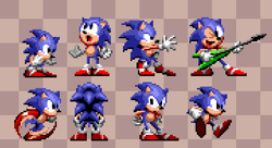 Size: 721x393 | Tagged: safe, artist:le_pebble_h, sonic the hedgehog, 2024, checkered background, classic sonic, crouching, guitar, running, solo, sprite, standing