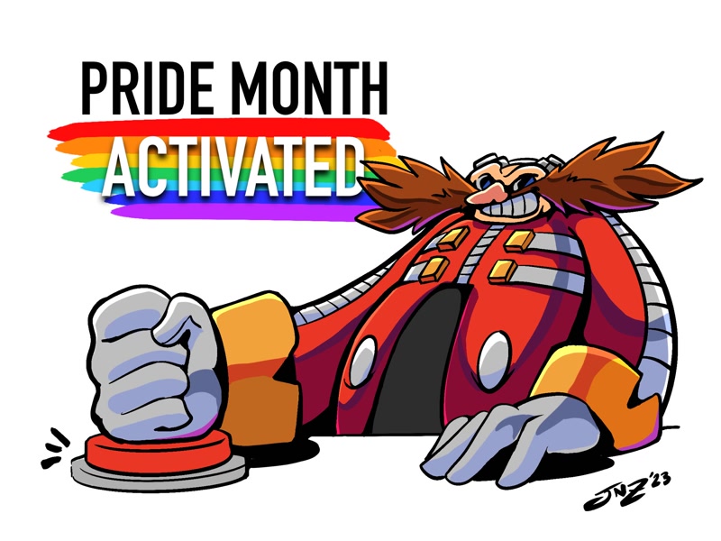 Size: 2048x1536 | Tagged: safe, artist:jovialnightz, robotnik, human, 2024, button, english text, featured image, pride, signature, simple background, solo, white background