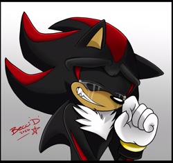 Size: 1810x1707 | Tagged: safe, artist:becci_d_artist, shadow the hedgehog, 2024, border, crying, eyes closed, floppy ear, gradient background, signature, smile, solo, tears, tears of happiness
