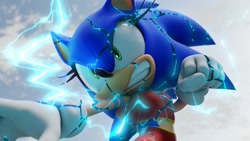 Size: 2048x1152 | Tagged: safe, artist:ladylunanova, sonic the hedgehog, 2024, 3d, clenched teeth, clouds, electricity, looking offscreen, solo, trans female, transgender