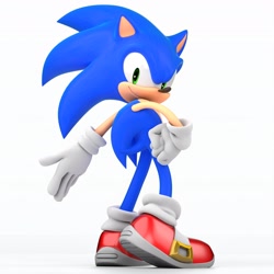 Size: 2048x2048 | Tagged: safe, artist:garbonzobeanguy, sonic the hedgehog, 2024, 3d, hand on hip, looking at viewer, looking back, looking back at viewer, simple background, smile, solo, white background