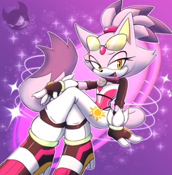 Size: 1963x2000 | Tagged: safe, artist:_astro_venus44_, blaze the cat, 2024, abstract background, alternate outfit, alternate universe, au:after riders, outline, smile, solo, sparkles