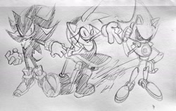 Size: 2048x1292 | Tagged: safe, artist:kurobart64, amy rose, metal sonic, shadow the hedgehog, 2024, black sclera, holding something, looking at viewer, pencilwork, piko piko hammer, robot, sketch, standing, traditional media, trio