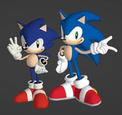 Size: 674x635 | Tagged: safe, artist:casinobunbun, sonic the hedgehog, 2024, 3d, classic sonic, duo, grey background, looking at viewer, modern sonic, self paradox, simple background, smile, standing