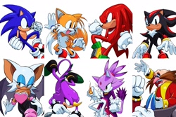 Size: 2048x1371 | Tagged: safe, artist:kolsanart, blaze the cat, espio the chameleon, knuckles the echidna, miles "tails" prower, robotnik, rouge the bat, shadow the hedgehog, sonic the hedgehog, human, 2024, flame, group, simple background, white background