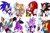 Size: 2048x1371 | Tagged: safe, artist:kolsanart, blaze the cat, espio the chameleon, knuckles the echidna, miles "tails" prower, robotnik, rouge the bat, shadow the hedgehog, sonic the hedgehog, human, 2024, clothes, dress, fire, flame, group, simple background, white background