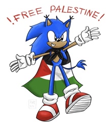 Size: 887x1008 | Tagged: safe, artist:ohmeowgerd, sonic the hedgehog, arms out, cape, country flag, english text, flag, free palestine, looking offscreen, palestine flag, signature, simple background, smile, solo, standing on one leg, white background