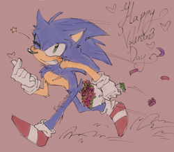 Size: 2048x1796 | Tagged: safe, artist:exclusonic, sonic the hedgehog, blushing, dust clouds, english text, flower, flower bouquet, heart, holding something, pink background, running, signature, simple background, sketch, smile, solo, star (symbol), top surgery scars, trans male, transgender, valentine's day, wink