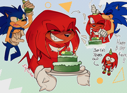 Size: 2048x1500 | Tagged: safe, artist:exclusonic, knuckles the echidna, sonic the hedgehog, abstract background, birthday, birthday hat, cake, cute, duo, english text, exclamation mark, eyes closed, gay, heart, holding something, knuxonic, one eye closed, plate, shipping, signature, smile, top surgery scars, trans male, transgender