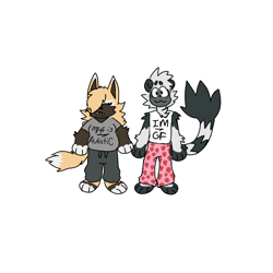 Size: 1378x1378 | Tagged: safe, artist:tangle-the-geymur, tangle the lemur, whisper the wolf, :3, alternate outfit, autistic, clothes, cute, duo, eyes closed, fangs, lesbian, pants, paws, shipping, shirt, smile, tangabetes, tangle x whisper, whispabetes, words on a shirt