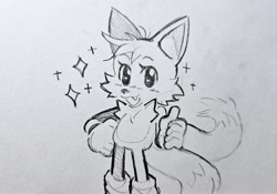 Size: 2048x1435 | Tagged: safe, artist:t4tails, miles "tails" prower, cute, eyelashes, hand on hip, line art, mouth open, one fang, smile, solo, sparkles, standing, thumbs up, traditional media