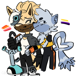Size: 1600x1600 | Tagged: safe, artist:uproariousscarecrow, tangle the lemur, whisper the wolf, cute, duo, holding them, lesbian, nonbinary, shipping, simple background, smile, standing, tangle x whisper, white background