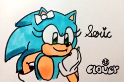 Size: 900x598 | Tagged: safe, artist:silliestblahaj, sonic the hedgehog, bow, grey background, head rest, looking offscreen, signature, simple background, smile, solo, trans female, transgender
