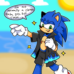 Size: 600x600 | Tagged: safe, artist:muckyschmuck, sonic the hedgehog, abstract background, alternate outfit, beach, beanbrows, clothes, clouds, daytime, dialogue, english text, jacket, one fang, outdoors, outline, shorts, solo, sparkles, speech bubble, sun, trans male, transgender, walking