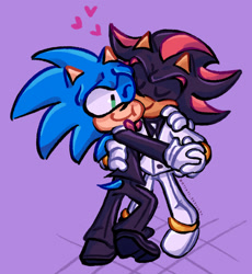 Size: 1803x1960 | Tagged: safe, artist:n1tw1t-sk3tch3s, shadow the hedgehog, sonic the hedgehog, alternate outfit, clothes, cute, duo, eyes closed, gay, heart, holding each other, holding hands, nuzzle, one eye closed, purple background, shadow x sonic, shadowbetes, shipping, simple background, sonabetes, standing, suit