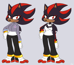 Size: 1780x1563 | Tagged: safe, artist:umbramus, shadow the hedgehog, alternate outfit, clothes, duality, frown, g.u.n logo, grey background, jacket, looking at viewer, pants, shirt, simple background, solo, trans female, transgender