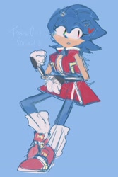 Size: 2048x3072 | Tagged: safe, artist:cosmologicalx, sonic the hedgehog, blue background, clothes, english text, heterochromia, looking offscreen, simple background, solo, standing, trans female, transgender
