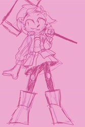 Size: 2048x3072 | Tagged: safe, artist:cosmologicalx, amy rose, holding something, line art, looking at viewer, piko piko hammer, pink background, simple background, sketch, smile, solo, standing, trans female, transgender