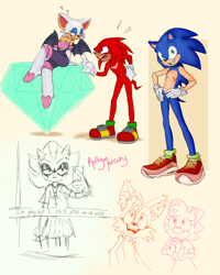 Size: 1638x2048 | Tagged: safe, artist:mmollymercury, amy rose, knuckles the echidna, miles "tails" prower, rouge the bat, shadow the hedgehog, sonic the hedgehog, caption, gay, group, master emerald, pointing, real-time fandub games, selfie, signature, smile, standing, top surgery scars, trans male, transgender