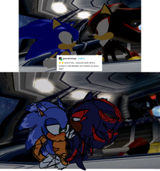 Size: 1162x1240 | Tagged: safe, artist:feliskitt, shadow the hedgehog, sonic the hedgehog, agender, blushing, duo, gay, holding each other, lidded eyes, redraw, reference inset, shadow the hedgehog (video game), shadow x sonic, shipping, sketch, space colony ark, top surgery scars, trans male, transgender