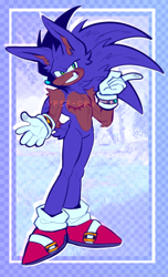 Size: 420x692 | Tagged: safe, artist:hyper-cryptic, sonic the hedgehog, abstract background, alternate universe, au:heart of chaos, chip's necklace, looking at viewer, smile, solo, standing, top surgery scars, trans male, transgender