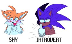 Size: 1310x810 | Tagged: safe, artist:hyper-cryptic, miles "tails" prower, sonic the hedgehog, blushing, duo, fingers together, frown, introvert, lidded eyes, looking at viewer, looking away, meme, middle finger, shy, simple background, top surgery scars, trans male, transgender, white background
