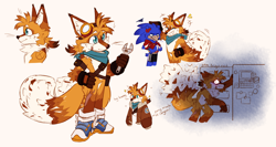 Size: 1856x988 | Tagged: safe, artist:zepandovski, miles "tails" prower, sonic the hedgehog, alternate version, aviator jacket, bandana, belt, blue shoes, brown gloves, duo, fridge, frown, goggles, simple background, smile, wrench