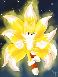 Size: 1536x2048 | Tagged: safe, artist:number-one-shaisper-shipper, miles "tails" prower, super tails, clenched fists, flying, gradient background, kitsune, lineless, signature, solo, super form