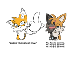 Size: 1600x1200 | Tagged: safe, artist:0vergrowngraveyard, miles "tails" prower, alternate universe, au:kitsune tails, cyborg, duality, english text, frown, lidded eyes, looking at viewer, middle finger, partially roboticized, simple background, smile, white background