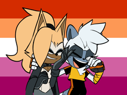 Size: 2000x1500 | Tagged: safe, artist:qqhoneydew_, tangle the lemur, whisper the wolf, arm around shoulders, duo, laughing, lesbian, lesbian pride, pride, pride flag, pride flag background, shipping, smile, standing, tangle x whisper