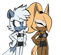 Size: 1676x1506 | Tagged: safe, artist:qqhoneydew_, tangle the lemur, whisper the wolf, duo, eyes closed, frown, hand on hip, lesbian, looking offscreen, shipping, simple background, smile, standing, tangle x whisper, white background, workout outfit