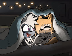 Size: 2048x1582 | Tagged: safe, artist:qqhoneydew_, tangle the lemur, whisper the wolf, abstract background, bed, duo, eyes closed, holding something, indoors, ipad, lesbian, looking at them, shipping, smile, tangle x whisper, under the covers