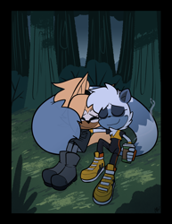 Size: 2048x2650 | Tagged: safe, artist:qqhoneydew_, tangle the lemur, whisper the wolf, abstract background, cute, drink, duo, eyes closed, forest, grass, holding something, holding them, lesbian, outdoors, shipping, sitting, smile, tail hug, tangabetes, tangle x whisper, tree, whispabetes