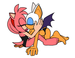 Size: 1288x1011 | Tagged: suggestive, artist:qqhoneydew_, amy rose, rouge the bat, all fours, bra, duo, eyes closed, hands on another's face, kiss, lesbian, panties, rougamy, shipping, simple background, sitting, underwear, white background