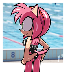 Size: 2048x2249 | Tagged: safe, artist:qqhoneydew_, amy rose, alternate outfit, from behind, hands on hips, smile, solo, standing, swimsuit