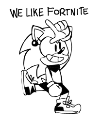 Size: 787x945 | Tagged: safe, artist:qqhoneydew_, tania the hedgehog, dancing, english text, fortnite, l dance, l sign, line art, simple background, smile, solo, white background