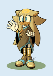Size: 2048x2896 | Tagged: safe, artist:qqhoneydew_, gold the tenrec, blue background, signature, simple background, smile, solo, standing