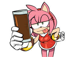 Size: 1426x1070 | Tagged: safe, artist:qqhoneydew_, amy rose, bending over, chocolate milkshake, cup, drink, hand on hip, holding something, lidded eyes, looking at viewer, simple background, smile, solo, tongue out, white background