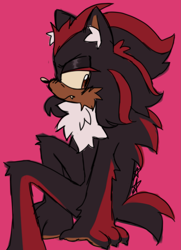Size: 1481x2048 | Tagged: safe, artist:battiegutz, shadow the hedgehog, alternate eye color, barefoot, brown eyes, frown, gloves off, looking down, one fang, paws, pink background, signature, simple background, sittibg, sitting, solo, yellow sclera