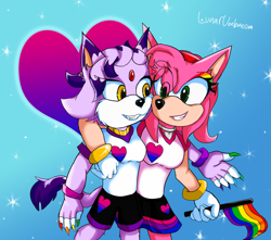 Size: 3570x3150 | Tagged: safe, artist:mslunarumbreon, amy rose, blaze the cat, cat, hedgehog, 2024, amy x blaze, bisexual pride, cute, female, females only, lesbian, looking at each other, pride, shipping