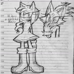 Size: 1700x1706 | Tagged: safe, artist:crispybreadkid, amy rose, blaze the cat, cat, hedgehog, 2024, amy x blaze, amy's halterneck dress, blaze's tailcoat, cute, english text, female, females only, lesbian, line art, looking at them, shipping, sketch, traditional media