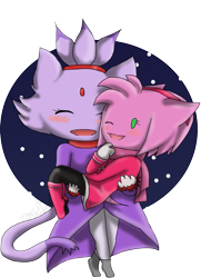 Size: 947x1309 | Tagged: safe, artist:z0mbi3bunnie, amy rose, blaze the cat, cat, hedgehog, 2015, amy x blaze, carrying them, cute, eyes closed, female, females only, lesbian, one eye closed, shipping, snowflake, winter outfit