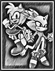 Size: 1020x1320 | Tagged: safe, artist:rasausa, amy rose, blaze the cat, cat, hedgehog, 2020, amy x blaze, amy's halterneck dress, blaze's tailcoat, cute, female, females only, lesbian, looking at viewer, monochrome, shipping