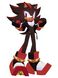 Size: 1500x2000 | Tagged: safe, artist:kazuna_endi, shadow the hedgehog, 2024, alternate outfit, ear piercing, earring, fingerless gloves, frown, jacket, simple background, solo, standing, white background