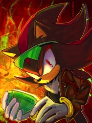 Size: 1536x2048 | Tagged: safe, artist:br0shh, shadow the hedgehog, 2024, abstract background, alternate outfit, alternate version, chaos emerald, clothes, colored version, frown, holding something, jacket, looking at viewer, outline, solo, sunglasses