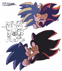 Size: 1797x2048 | Tagged: safe, artist:qtcakesentry, shadow the hedgehog, sonic the hedgehog, ..., 2024, blushing, cute, duo, eyes closed, frown, gay, heart, holding each other, holding hands, kiss, looking at each other, shadow x sonic, shadowbetes, shipping, signature, smile, sonabetes